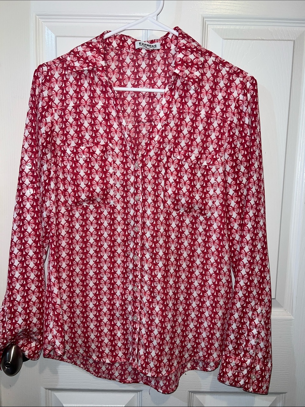 Express Red and White Printed Button-Down Shirt